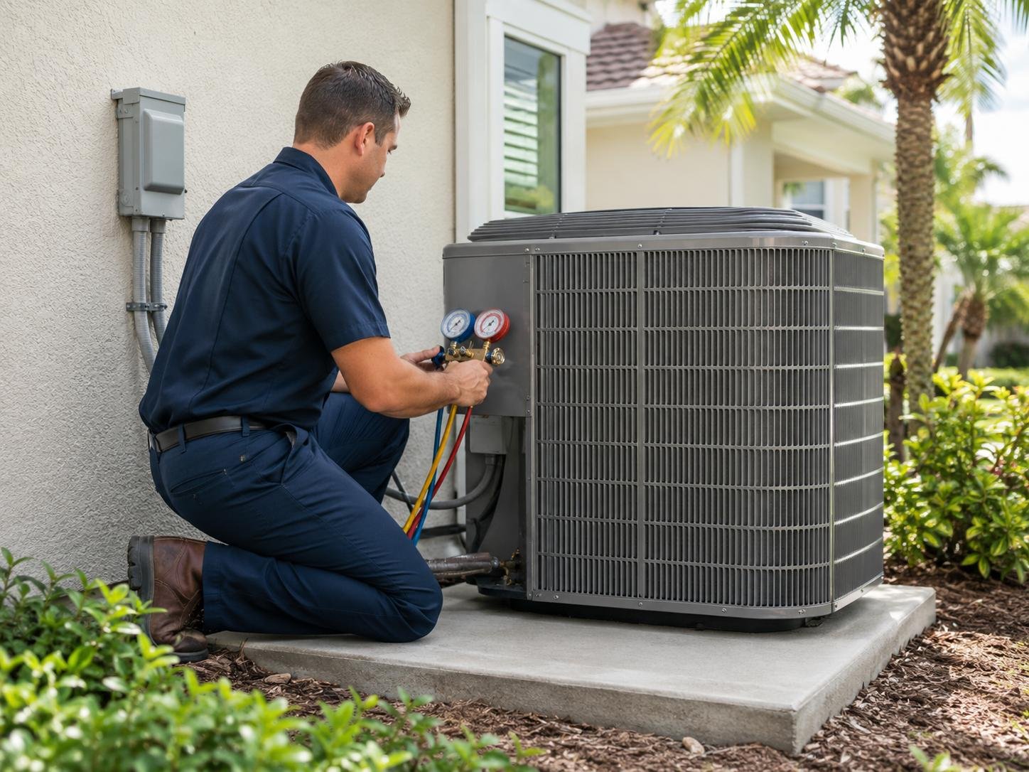HVAC technician servicing a residencial airconditioning system in Orlando, Florida